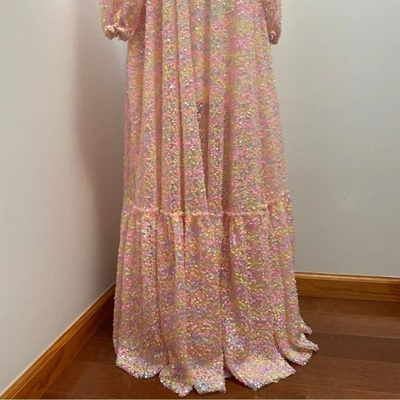 Selkie- Rainbow Sequin Princess Gown Size XS 3/4 Sleeve Sweetheart Maxi Dress - Picture 5 of 16